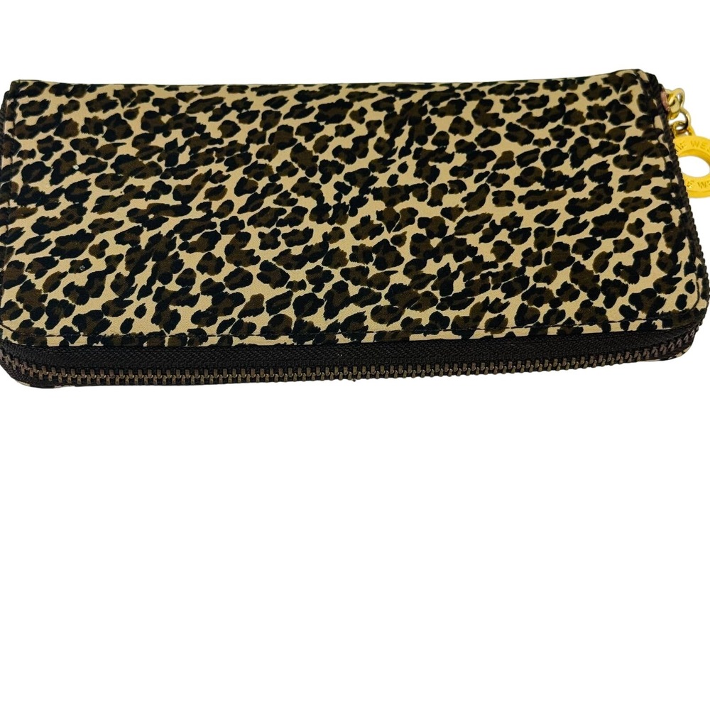 Nine West Leopard Print Zip Around Wallet Tan Brown Gold‎ Tone Logo Hardware
